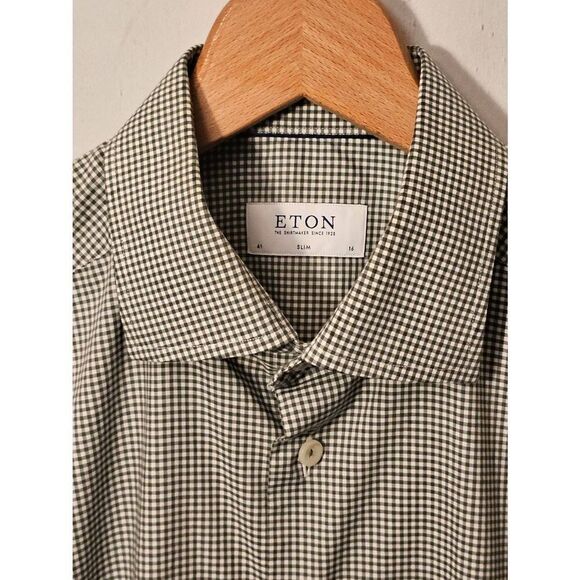 Eton Micro Check 41 16 Slim Spread Collar Button Up Long Sleeve Dress Shirt Gree - Picture 1 of 10